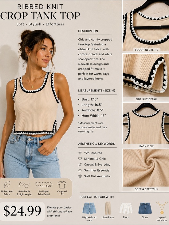 Ocili Tops - Beige Ribbed Tank Top with Black Contrast Trim